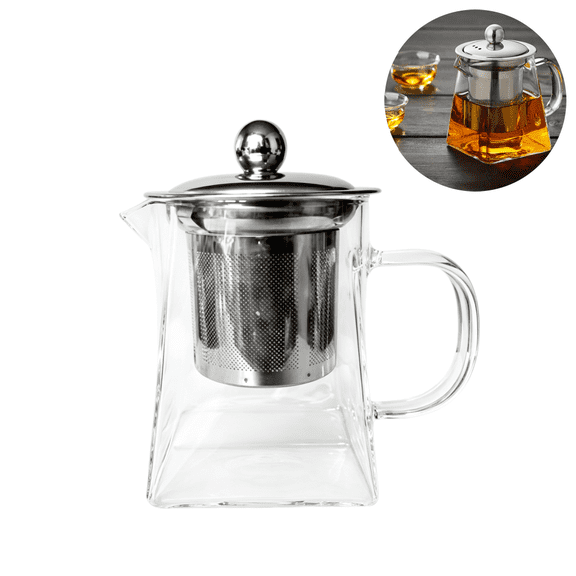 1Pc Square Glass Teapot with Infuser, Heat Resistant Clear Tea Kettle, Stainless Steel Filter Loose Leaf Tea Maker for Home Tea Making