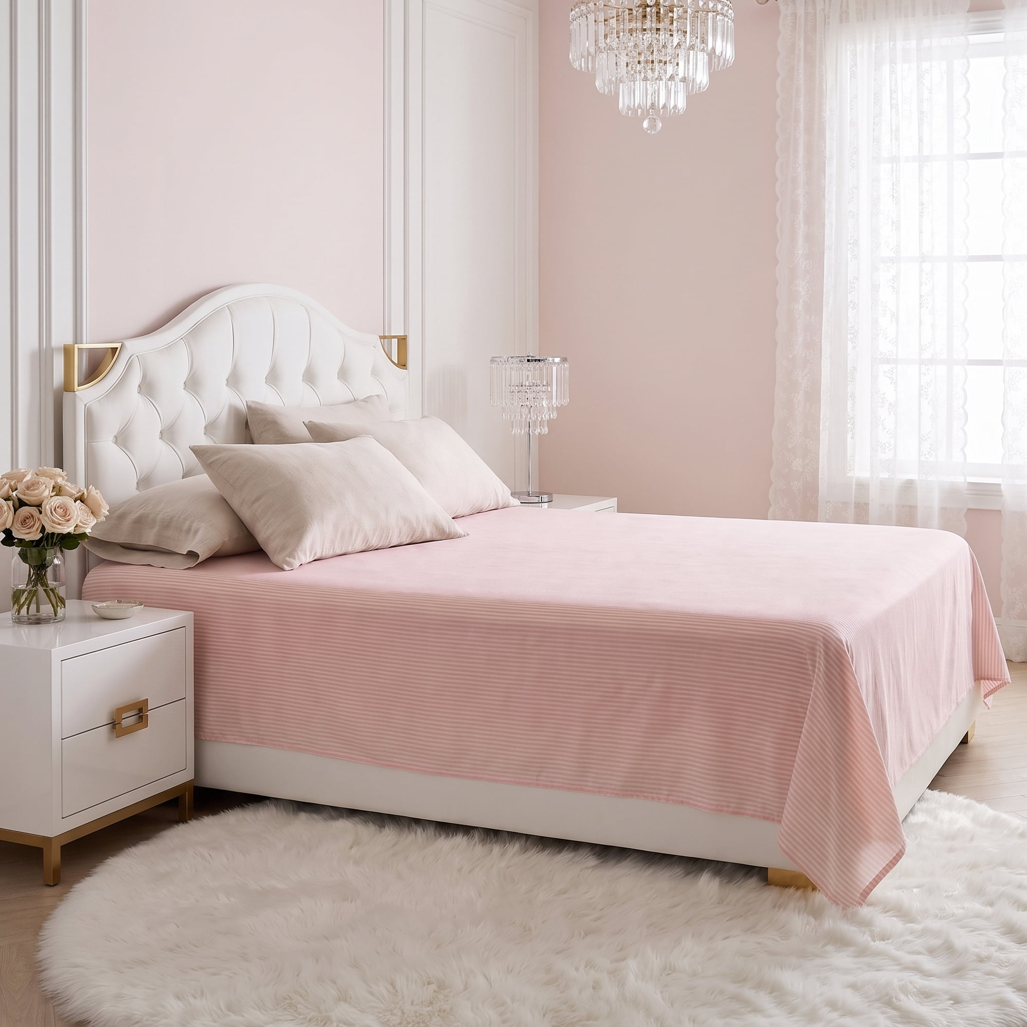 Unique Bargains Ployester Soft Flat Sheet Wrinkle Bedding for Bedroom Pink 63"x91"