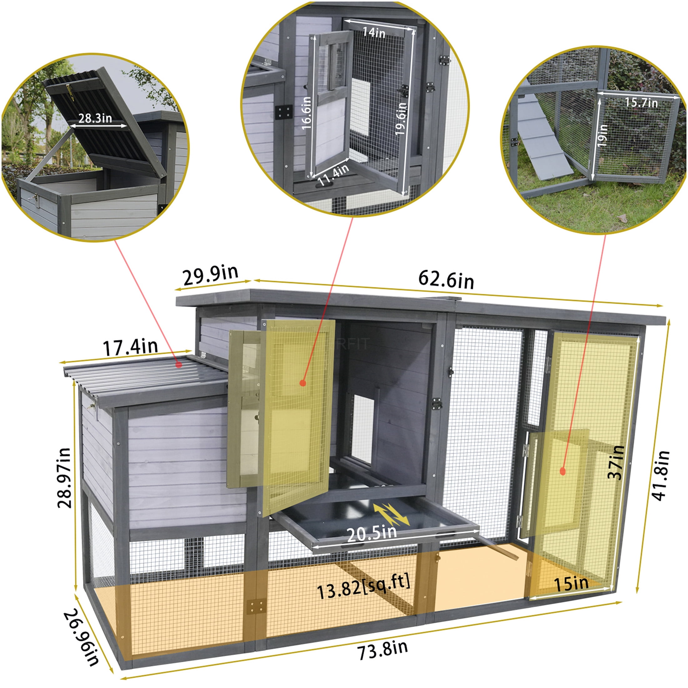 JERFIT 79 Inch Large Outdoor Chicken Coop with Waterproof Asphalt Roof, 2 Nesting Boxes, Upgraded Perches & Removable Floor for Easy Cleaning, Wooden Poultry Duck Rabbit Hutch House, Blue Grey