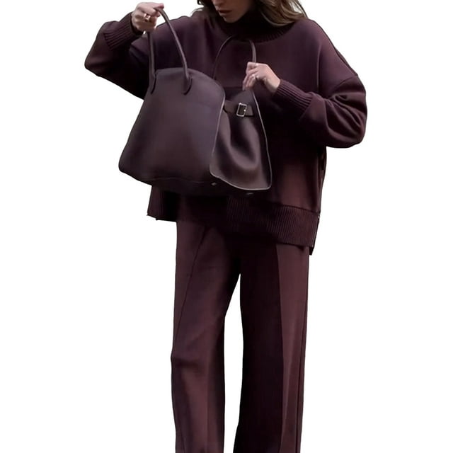 Ensembles d'Hiver Décontractés Deux Pièces pour Femmes Chandail en Molleton Col Rond Pantalon Grand Ample Survêtement Tricoté Tenues d'Automne Rouge Profond L