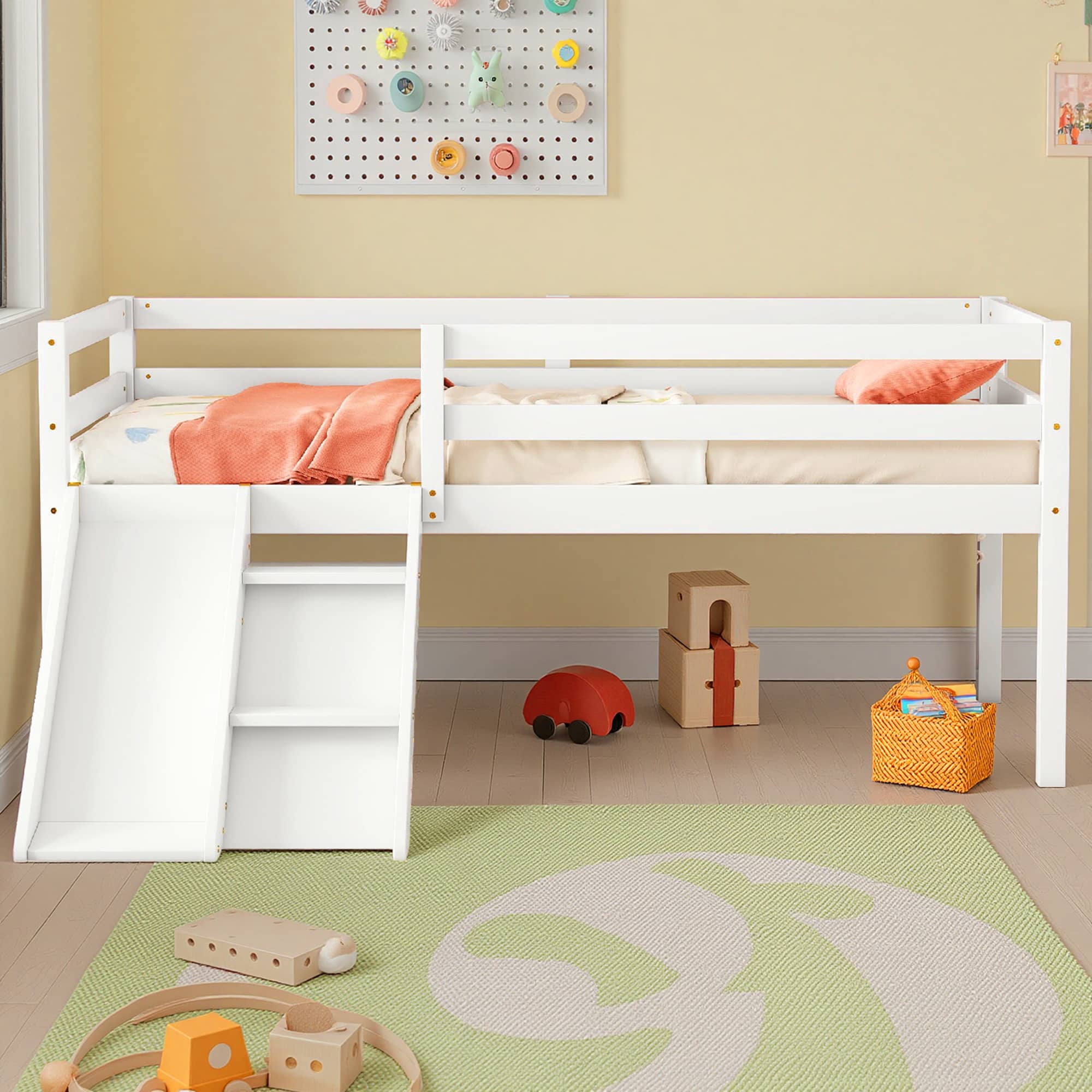MAYEERTY Twin Loft Bed with Slide, Ladder, Safety Guardrails, House Roof Frame, White