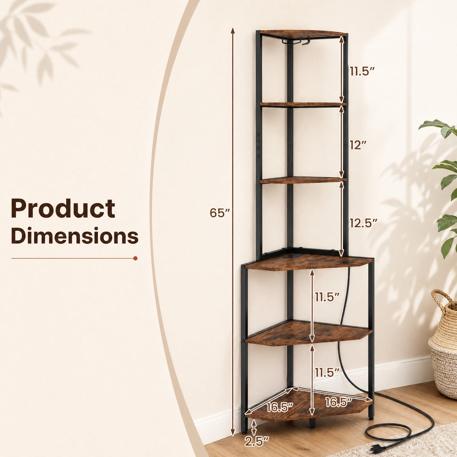 Furnibear 65 Inch 6-Tier Corner Shelf with Charging Station and Ambience Light for Living Room Home Office Bedroom Display Storage Shelf, Rustic Brown
