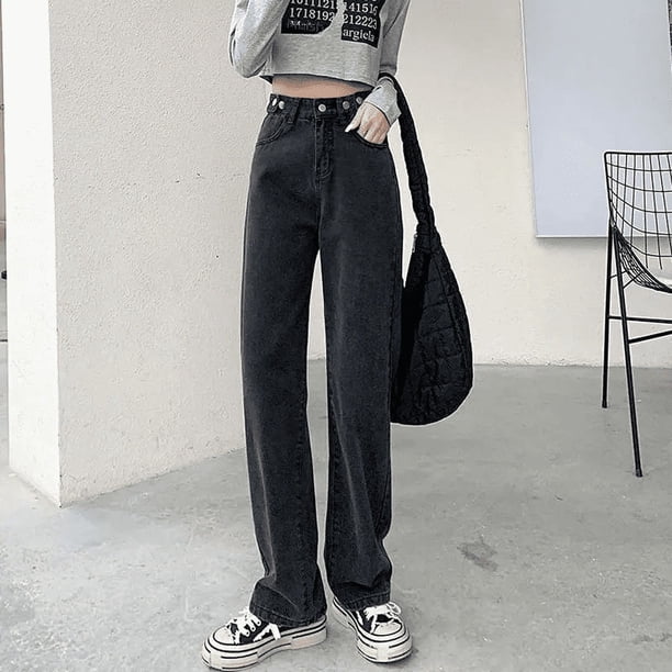 Pantalones vaqueros sueltos para mujer, diseño de cintura alta, entrepierna recta ajustable, pantalones de estilo Retro, tela de algodón, estilo informal cómodo