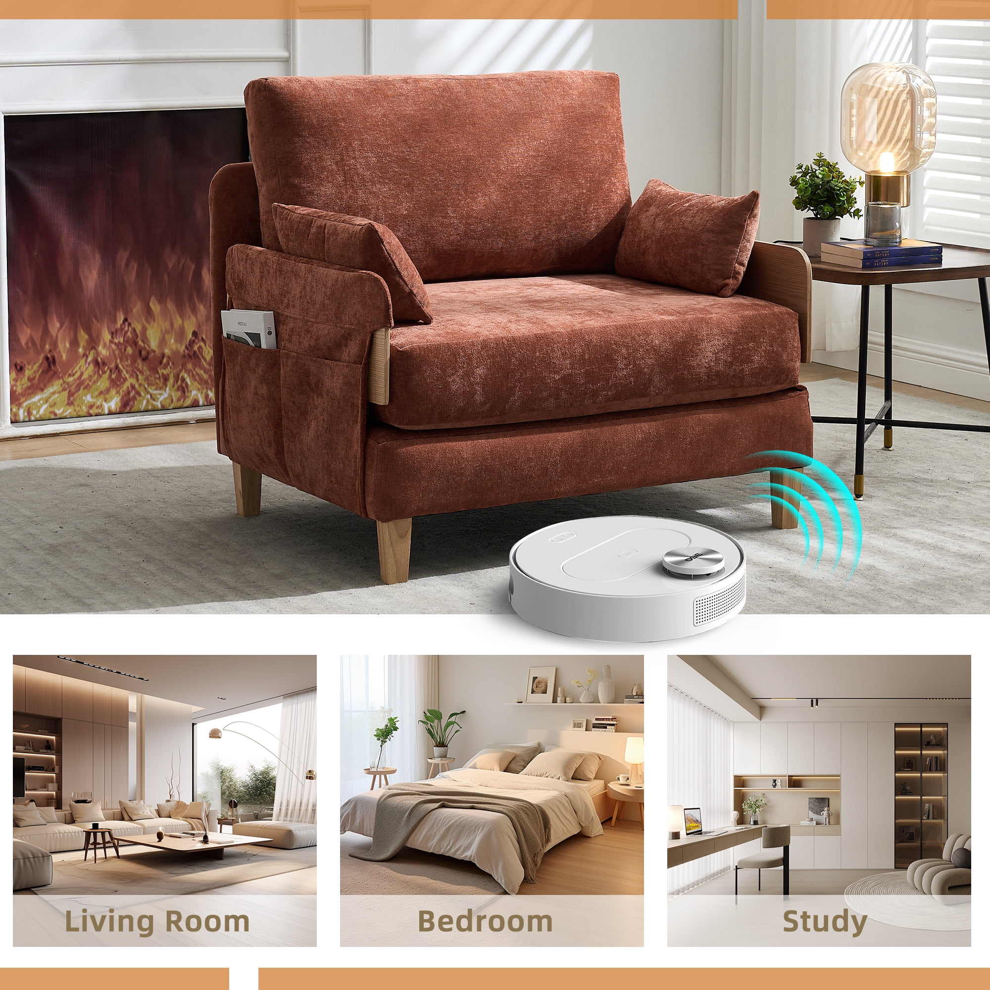 MOONMISS Chenille 3-in-1 Convertible Sleeper Foldable Sofa Bed Recliner Chair with 3 Pillows,Orange