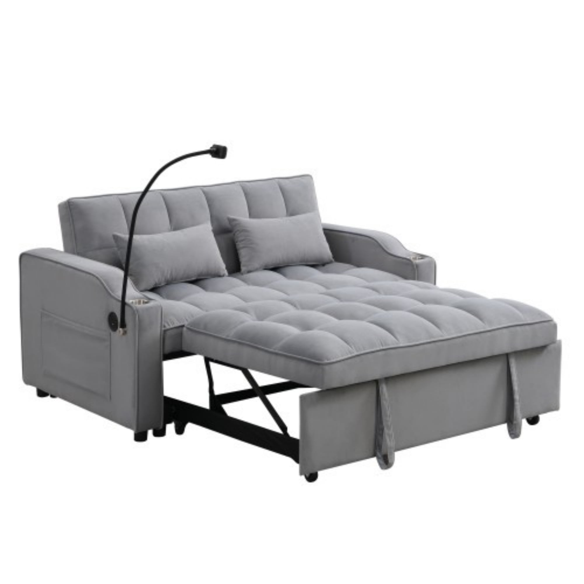 Velvet Loveseat Sofa Bed, 3-in-1 Convertible Sleeper Couch with USB Ports & Pullout Bed, Light Gray