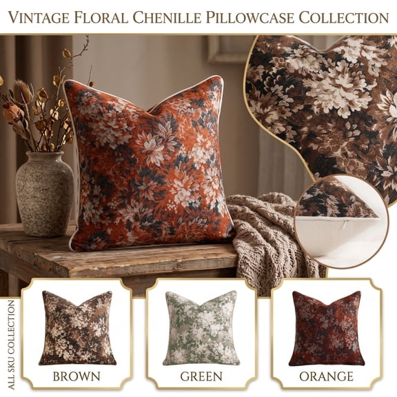 Throw Pillow Covers 18x18, Vintage Floral Chenille Jacquard Cushion Cover with Piped Edge for Couch Sofa Living Room Decor, 18 x 18 Inch