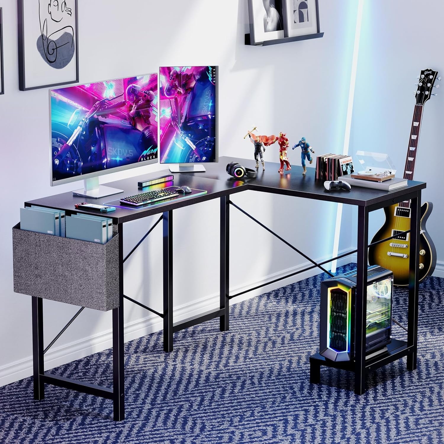 Bigleap L Shaped Computer Desk - Gaming Table Corner Desk 50 Inch PC White Writing Desk Study Desks with Wooden Desktop CPU Stand Side Bag Reversible for Home Office Room Small Space，Black