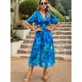 thumbnail image 4 of Womens Summer Dresses 2025 Casual Puff Short Sleeve V Neck Floral Boho Maxi Dress Blue S, 4 of 9
