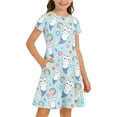 thumbnail image 4 of Toddler Girl Dress Kids Cartoon Print Short Sleeve Playful Summer Day Comfortable Twirl Midi Dress Girls Dresses Light Blue 9-10Y, 4 of 5