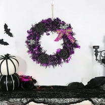 SDJMa Lighted Halloween Wreaths for Front Door, 14" Halloween Tinsel Wreath with Purple LED String Light, Light Up Halloween Door Wreath for Indoor Outdoor Home Party Window Wall Decor