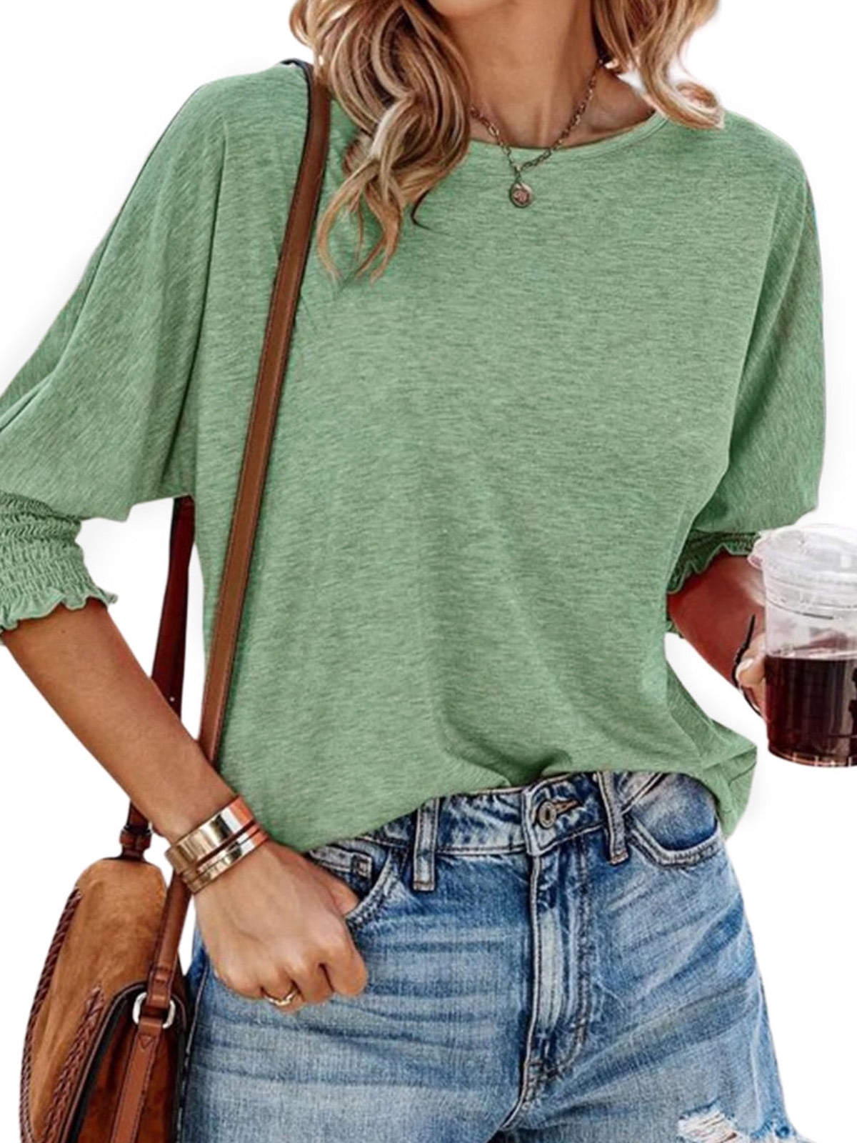 UVN Crewneck Blouse for Women Summer 3/4 Sleeve T-Shirts Casual Tees Ladies Loose Tops