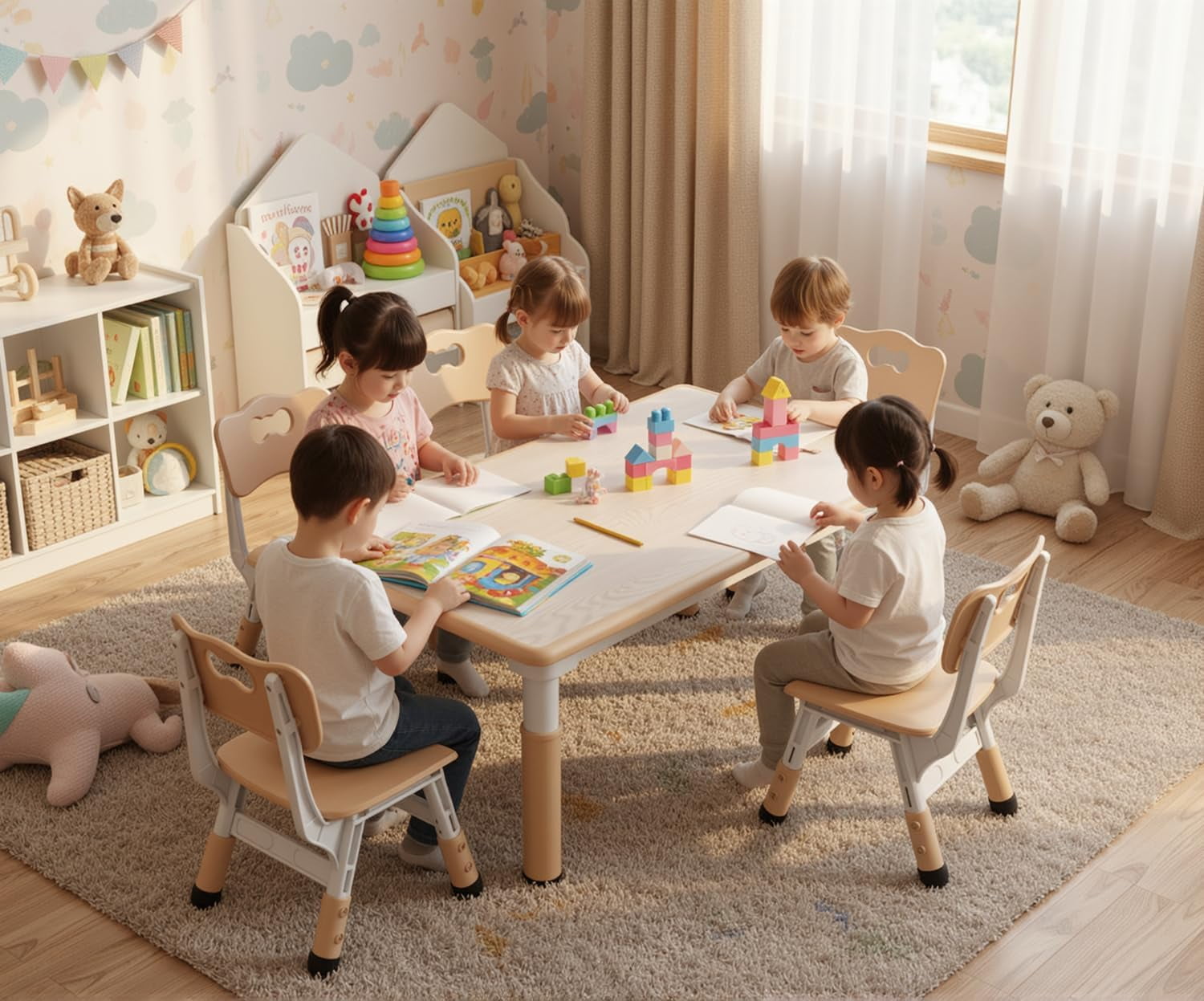 LAZY BUDDY Kids Table and 6 Chairs Set, Rectangular Children Activity Table with Graffiti Desktop, Height Adjustable, for Daycare, Classroom, Home