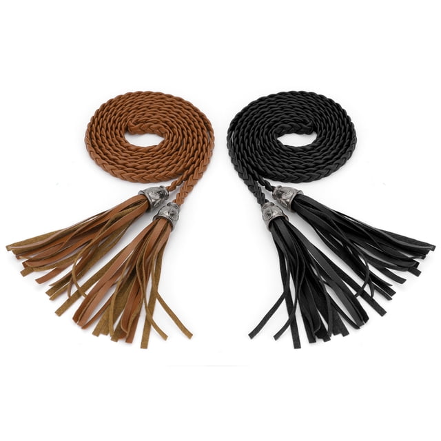Cinturón De Cintura Trenzado Con Borlas Para Mujer Cinturones Delgados Tejidos Para Vestido Marrón y negro 132cm/51.97"