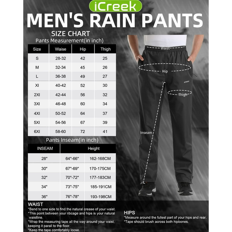 iCreek Men's Rain Pants Waterproof Zipper Pocket Windproof Hiking Pnats  Lightweight Over Pants Outdoor for Hiking, Fishing ,Rainy Day