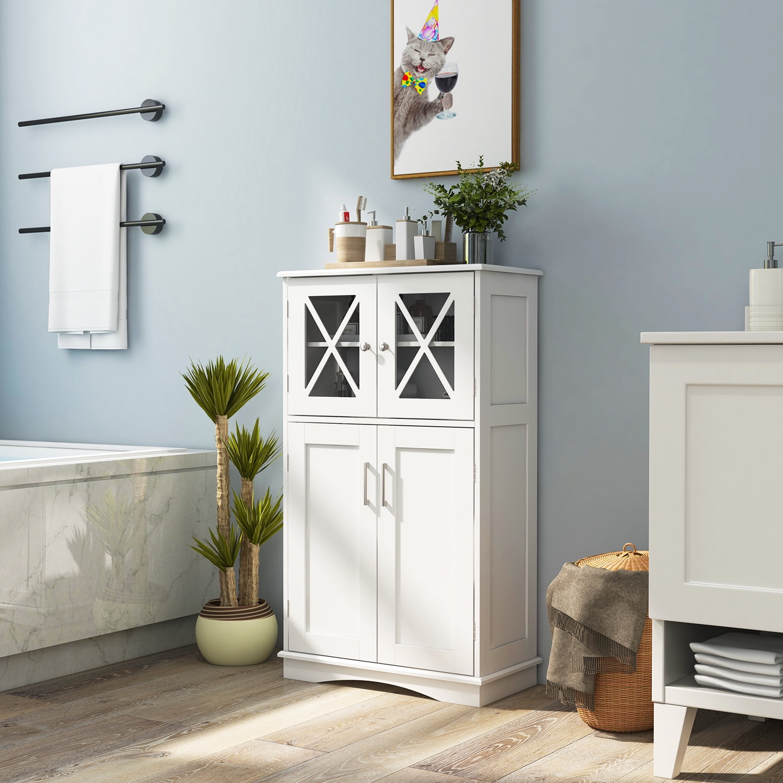 Giantex Bathroom Floor Storage Cabinet, Freestanding Linen Cabinet w/3 Adjustable Shelves, White