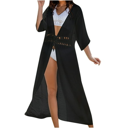 Cover Ups for Swimwear Women  Womens Plus Size Crochet Coverups Casual Trim Kaftan Chiffon Swimwear Holiday Beach Bikini Cover Up Lightweight Cardigan Summer Saving Clearance