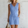 thumbnail image 5 of WAGUTH Women's Belted Cotton Linen Rompers V Neck Sleeveless Button Down Jumpsuit Casual One Piece Shorts with Pockets for Summer, 5 of 7