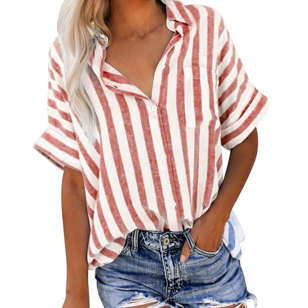 Camisas de Manga Corta para las Mujeres Impresas Cuello Redondo Blusa Casual, Camisas de Manga Corta para las Mujeres