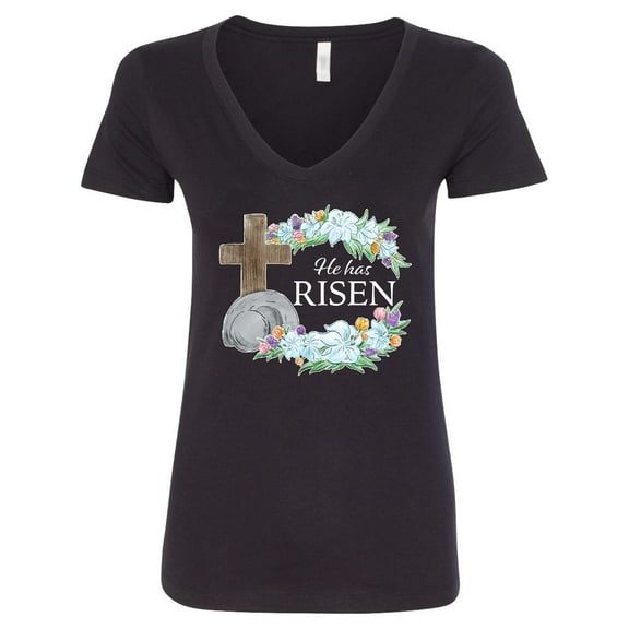 Inktastic Easter He Has Risen with Cross and Flowers Women's V-Neck T-Shirt