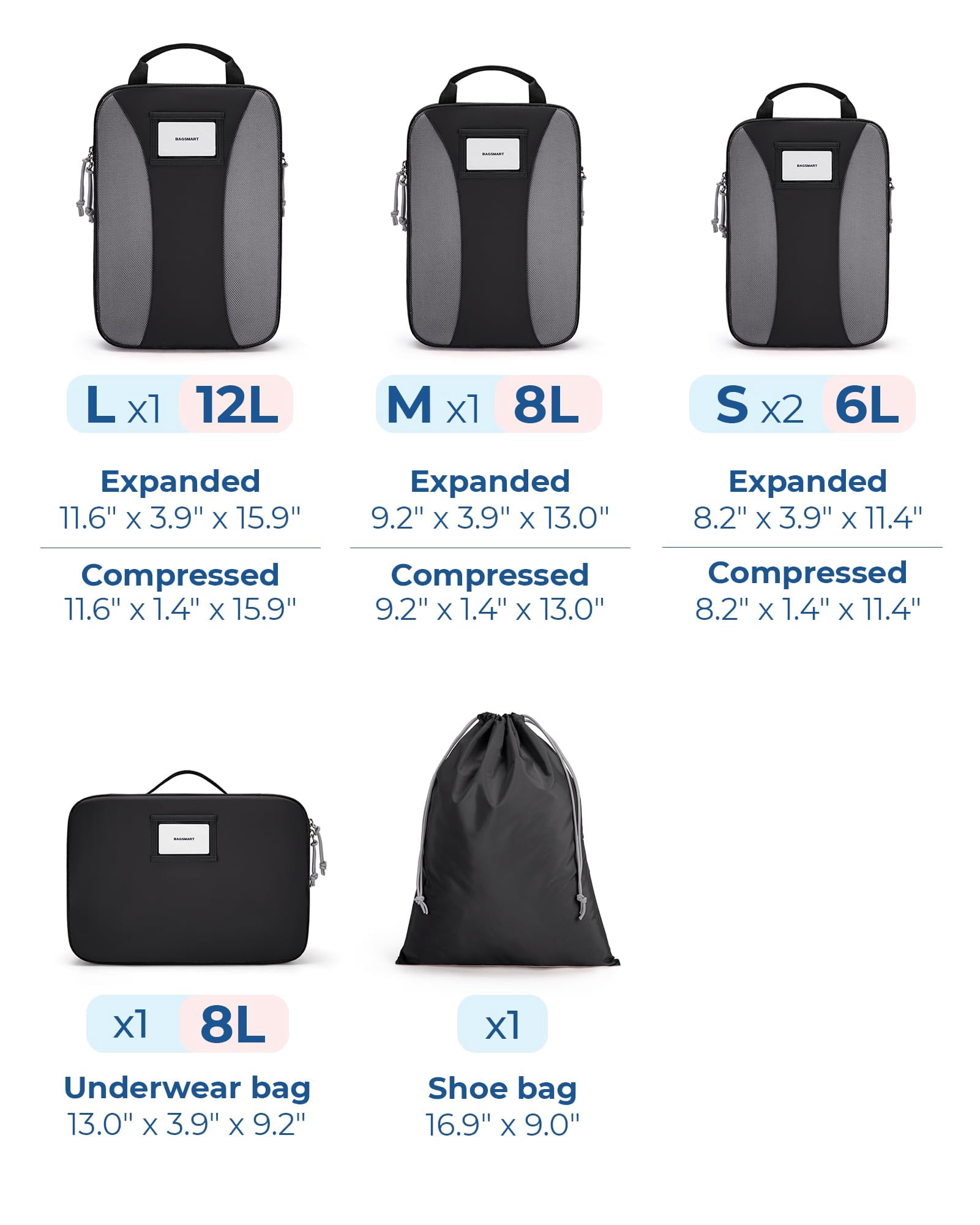 BAGSMART Compression Packing Cubes, 6 PCS Packing Cubes for Suitcases, Travel Bags Organizer for Luggage, Lightweight Packing Cube for Travel Essentials, Black
