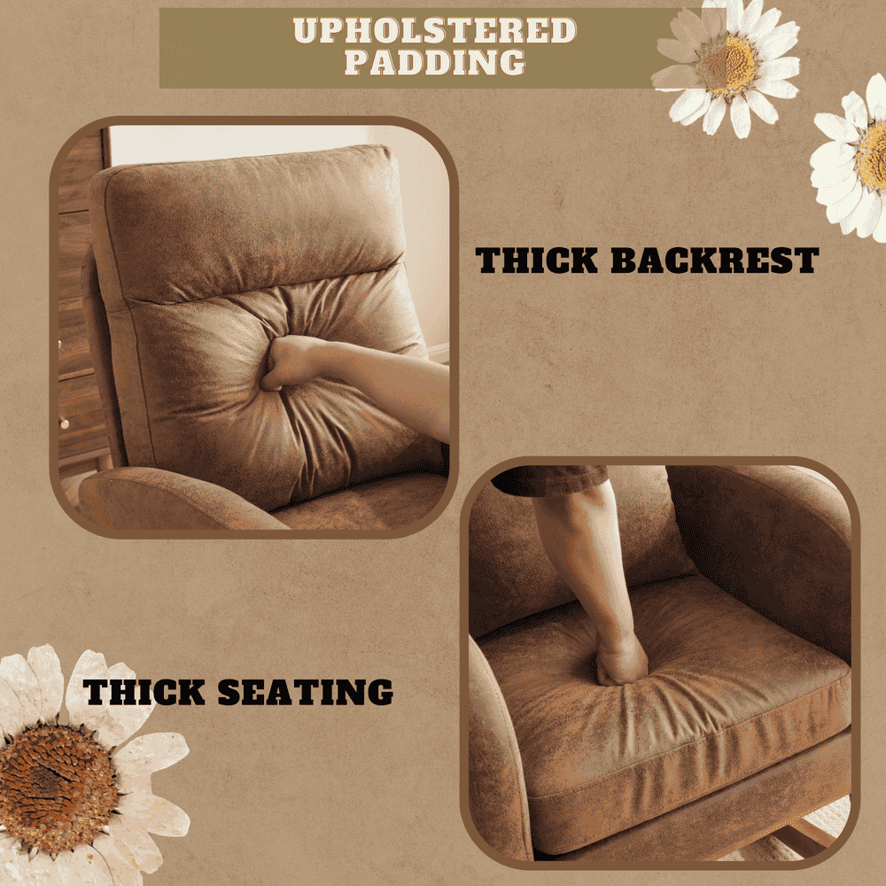 Spaco Linen Rocking Chair with Thick Headrest, Upholstered Mid-Century Modern Nursing Rocker Glider with Curved Armrest and Sturdy Solid Wood Base for Living Room, Bedroom, Baby Room, Brown
