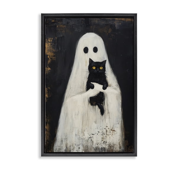 Stupell Industries Rustic Lodge Black Kitty & Ghost Black Floating Frame Canvas Art, 17 x 25, by Petals Prints Design