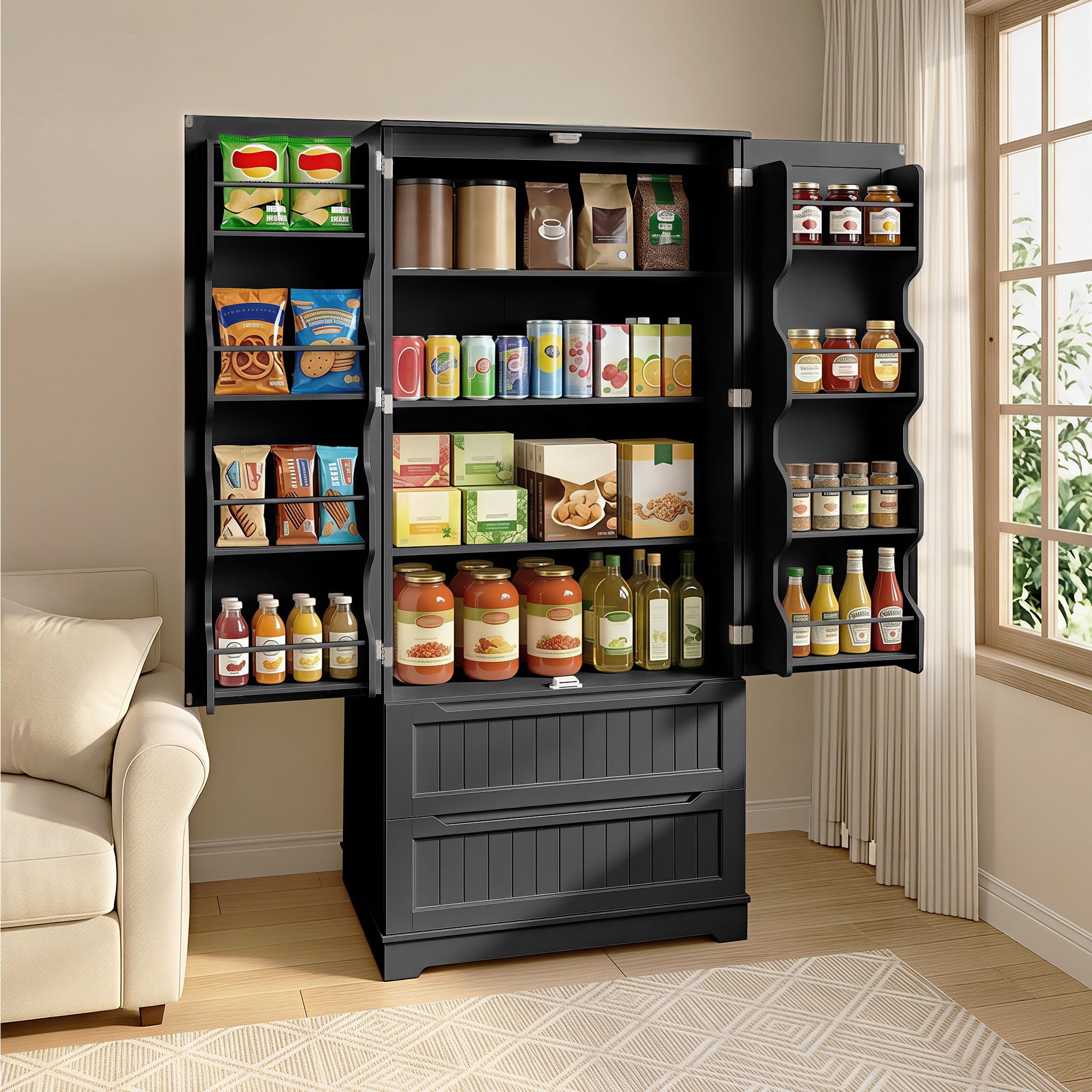 Pantry Cabinet, Asofer 71" Pantry Storage Cabinet with 2 Doors , 11 Shelves & 2 Drawers for Kitchen Dining Room, Black