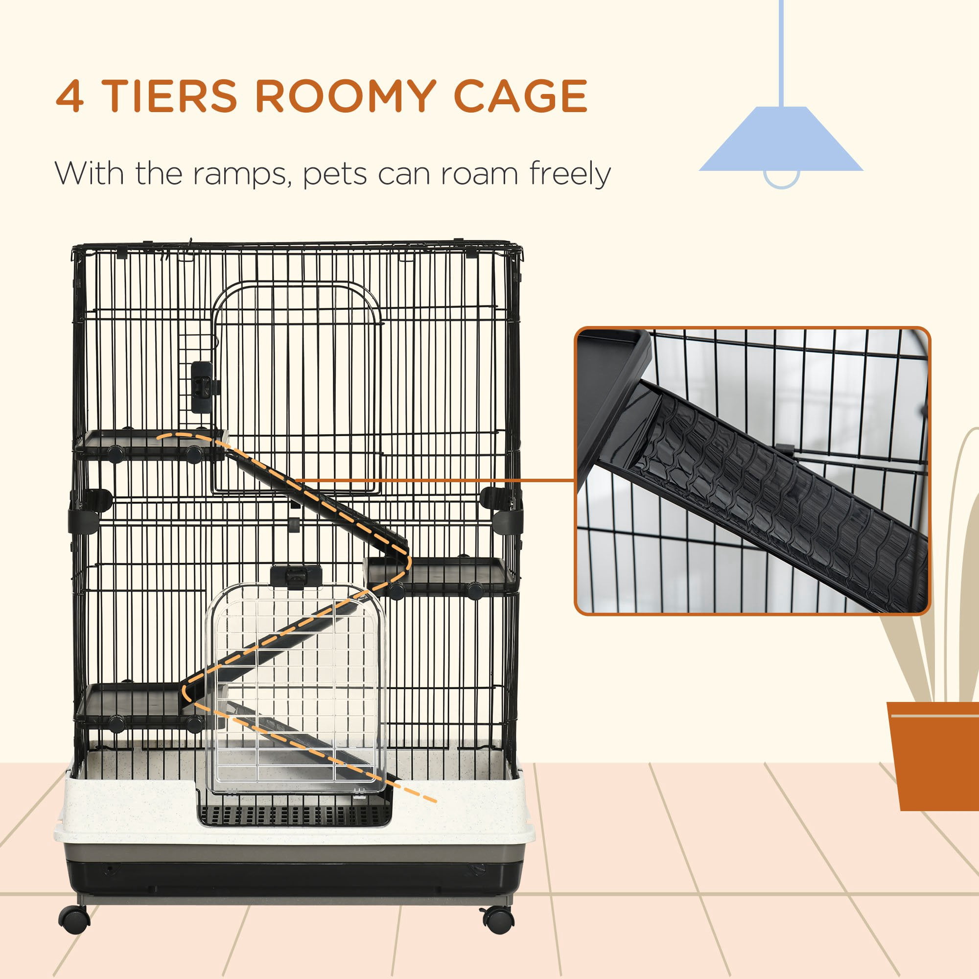 4-Level Small Animal Cage Rabbit Hutch with Wheels, Removable Tray, Platform and Ramp for Bunny, Chinchillas, Ferret, Black