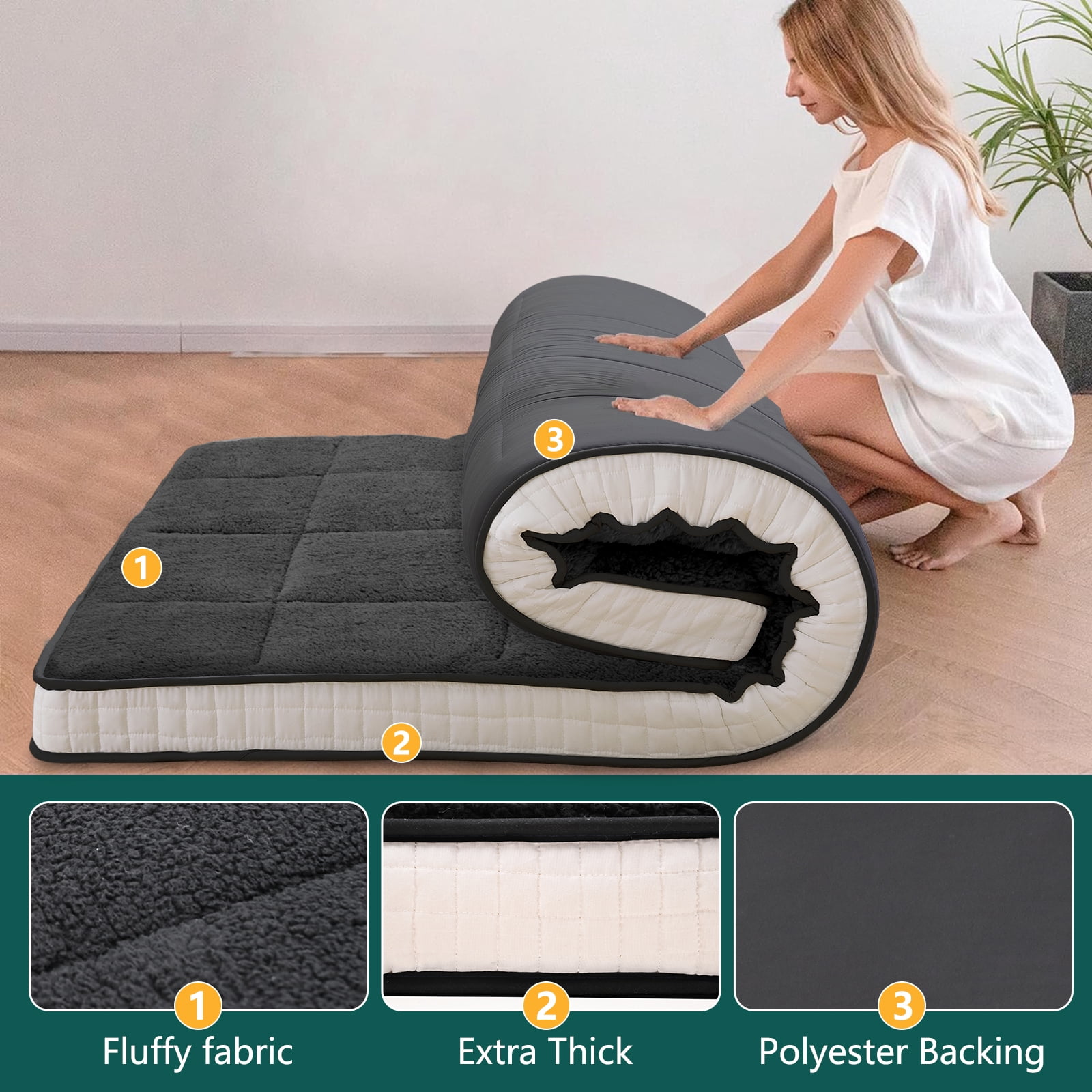 Slsy Sherpa Japanese Floor Mattress, Twin/Full/Queen Size Futon Mattress, 4'' Thicken 2 Sided Tatami Mat, Foldable Tatami Mat Portable Dormitory Sleeping Pad, Roll Up Floor Lounger Bed for Adult Child