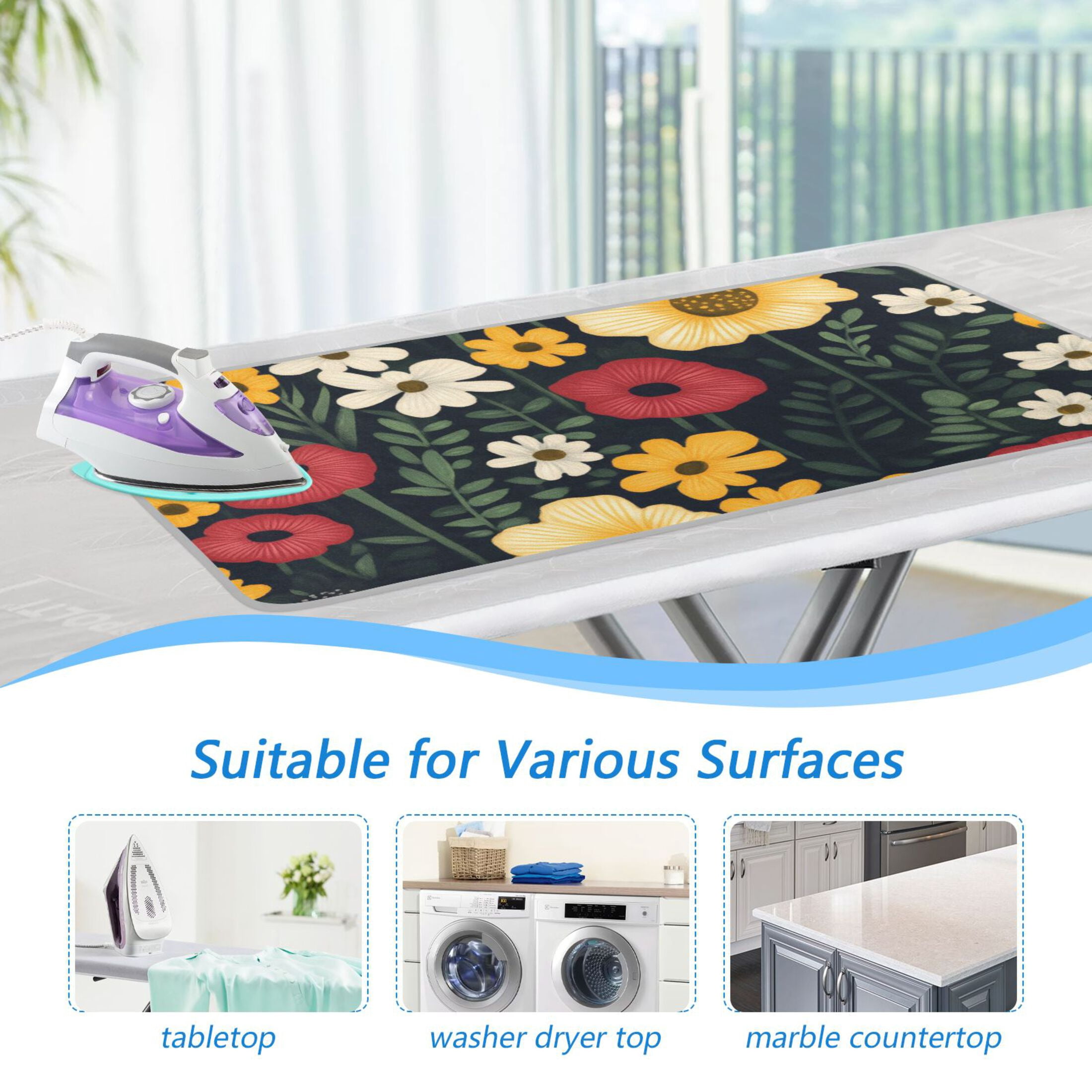 Flowers on Black Background Ironing Mat Blanket for Table Top Travel Portable Ironing Board Pad 47.2x27.6 Inch
