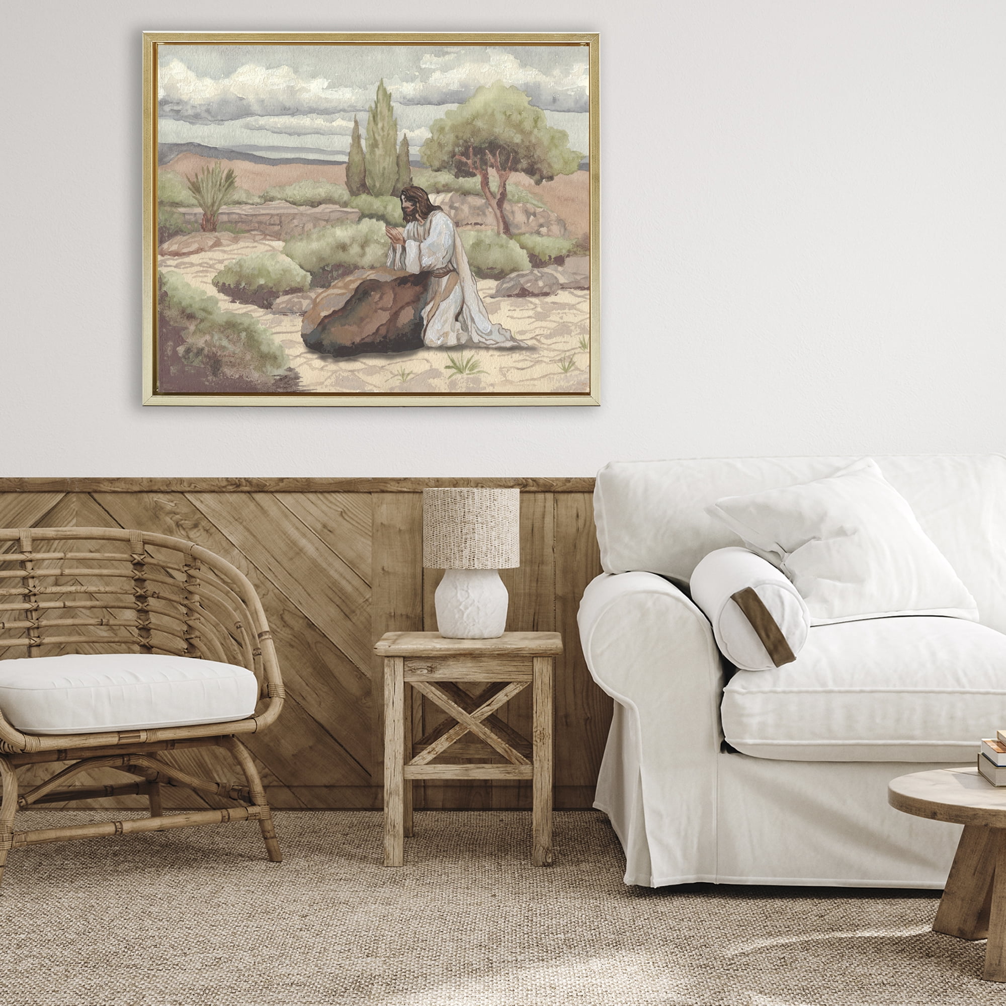 Stupell Industries Jesus Praying Countryside Gold Framed Floater Canvas Wall Art, design by Elizabeth Medley