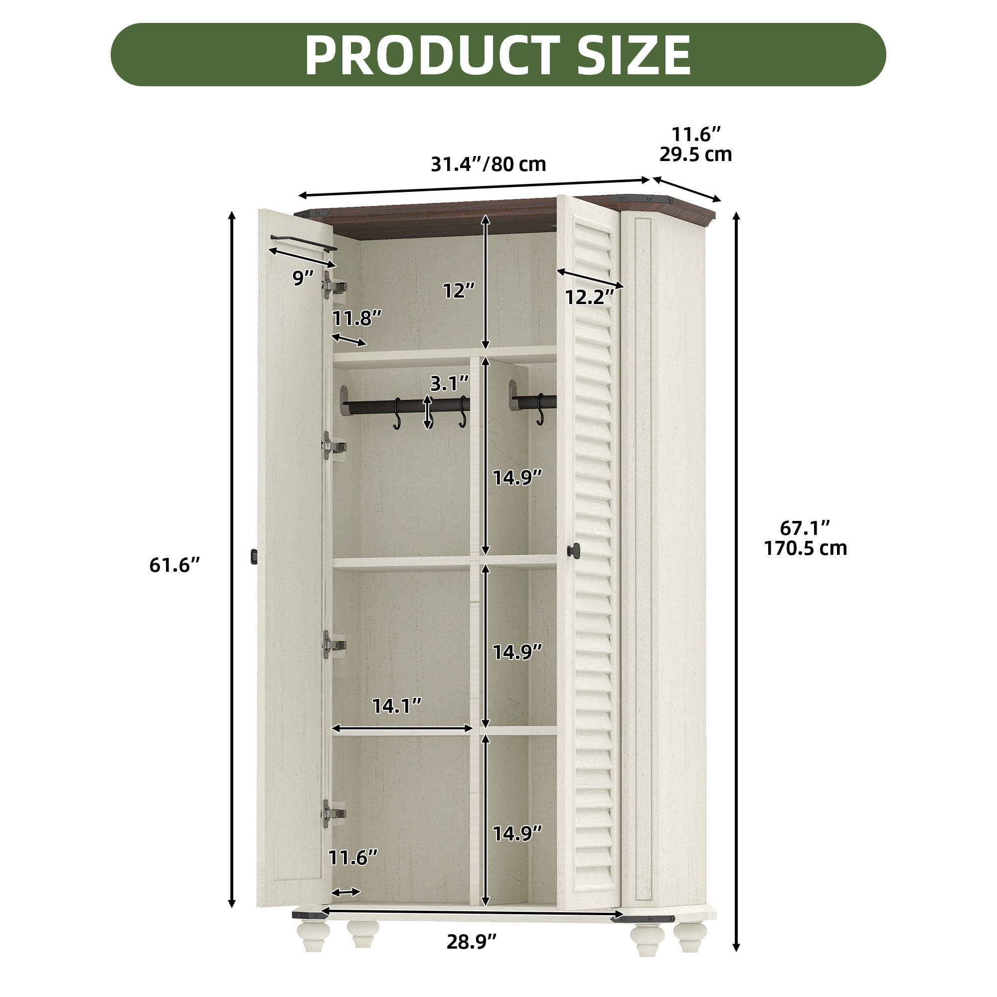 Uforic 67.1"H Wood Garage Storage Cabinet with Hooks & Adjustable Shelves, White