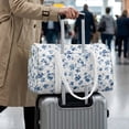 thumbnail image 4 of Garronmavis Large Quilted Duffle Bag for Women, Blue Floral Weekender Overnight Travel Carry On Tote, Gym Dance Shoulder Bag with Zipper Pockets & Luggage Sleeve, 4 of 7