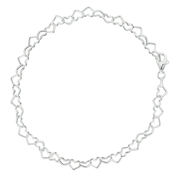 Hearts Link Chain Anklet In Sterling Silver, 9 