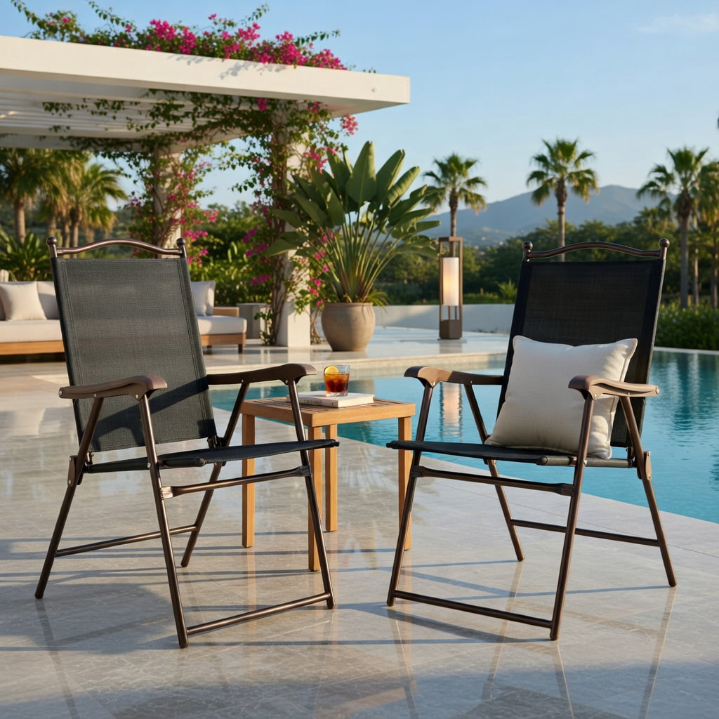 Hommoo 2-Pack Foldable Outdoor Lounge Chairs for Patio, Deck & Camping, Steel Frame, UV-Resistant Textile Sling Back, Compact Storage Design, Brown