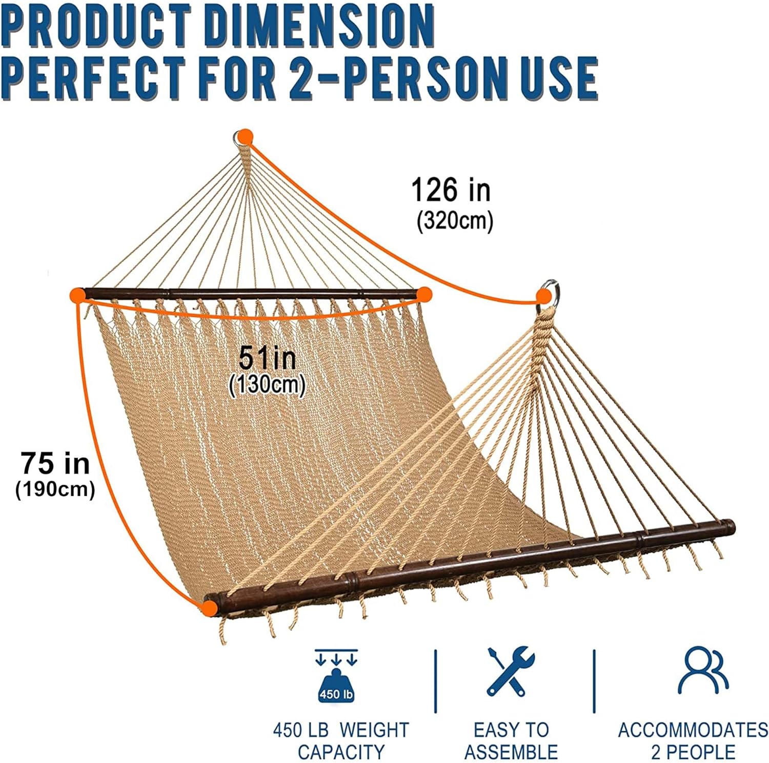 Lazy Daze 10 FT Double 2 Person Caribbean Rope Hammock, Hand Woven Polyester Hammock with Spreader Bars, 450 LBS Capacity, Tan