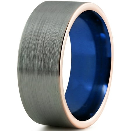 Tungsten Wedding Band Ring 10mm for Men Women Blue 18k Rose Gold Plated Flat Pipe Cut Brushed Polished Lifetime Guarantee