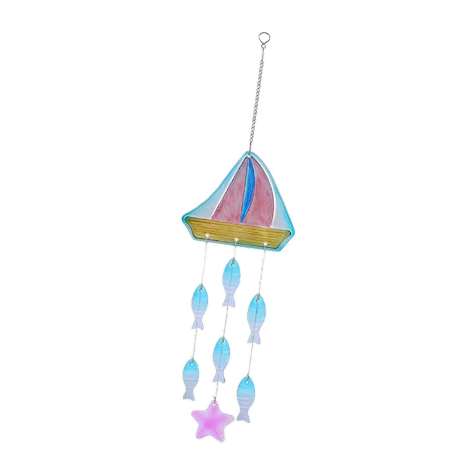 figatia Glass Sea Wind Chime Coastal Ornament Garden Hanging Windchime Pendant Windbell for Balcony Mom Women Home Farmhouse Entrance Boat 18.2x62.5cm
