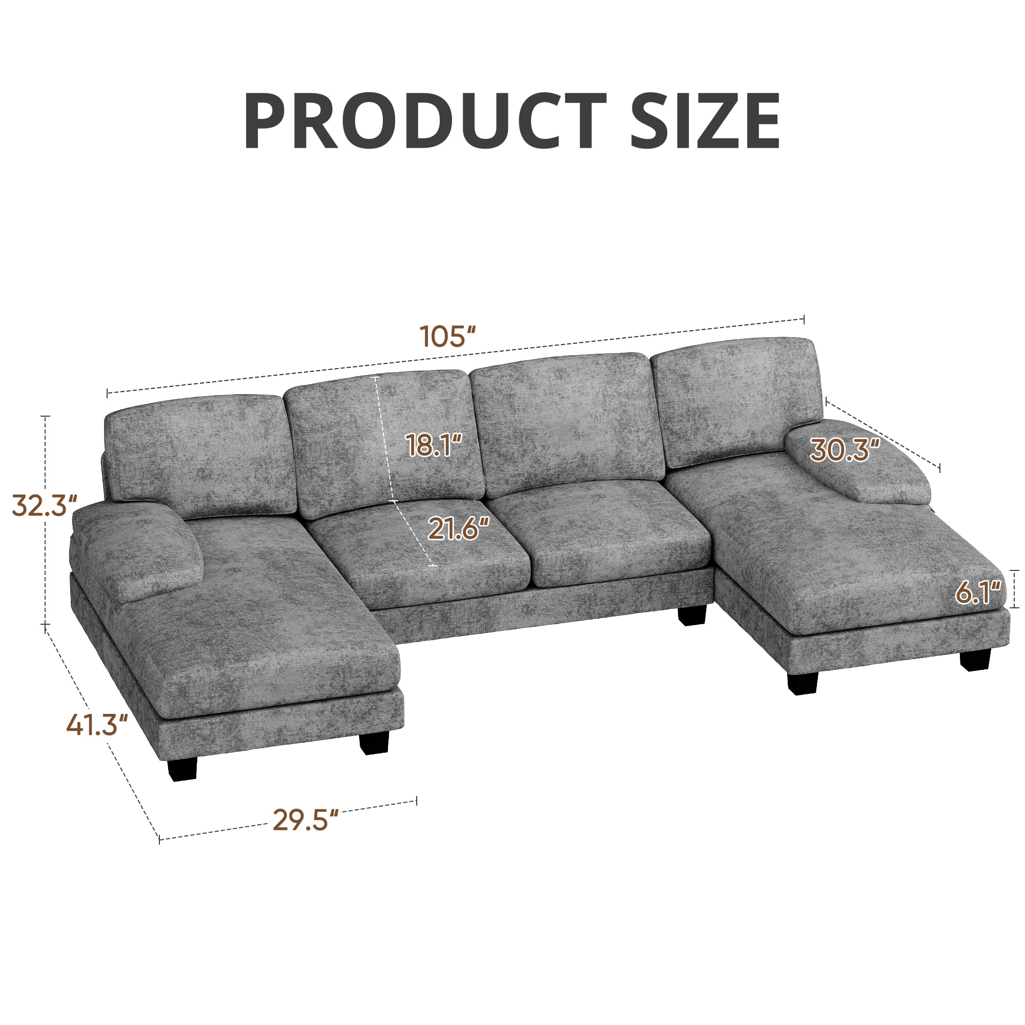 Furmax U-Shaped Sectional Sofa with Chaise, 4 Seats Chenille Fabric Sofa for Living room, New Gray