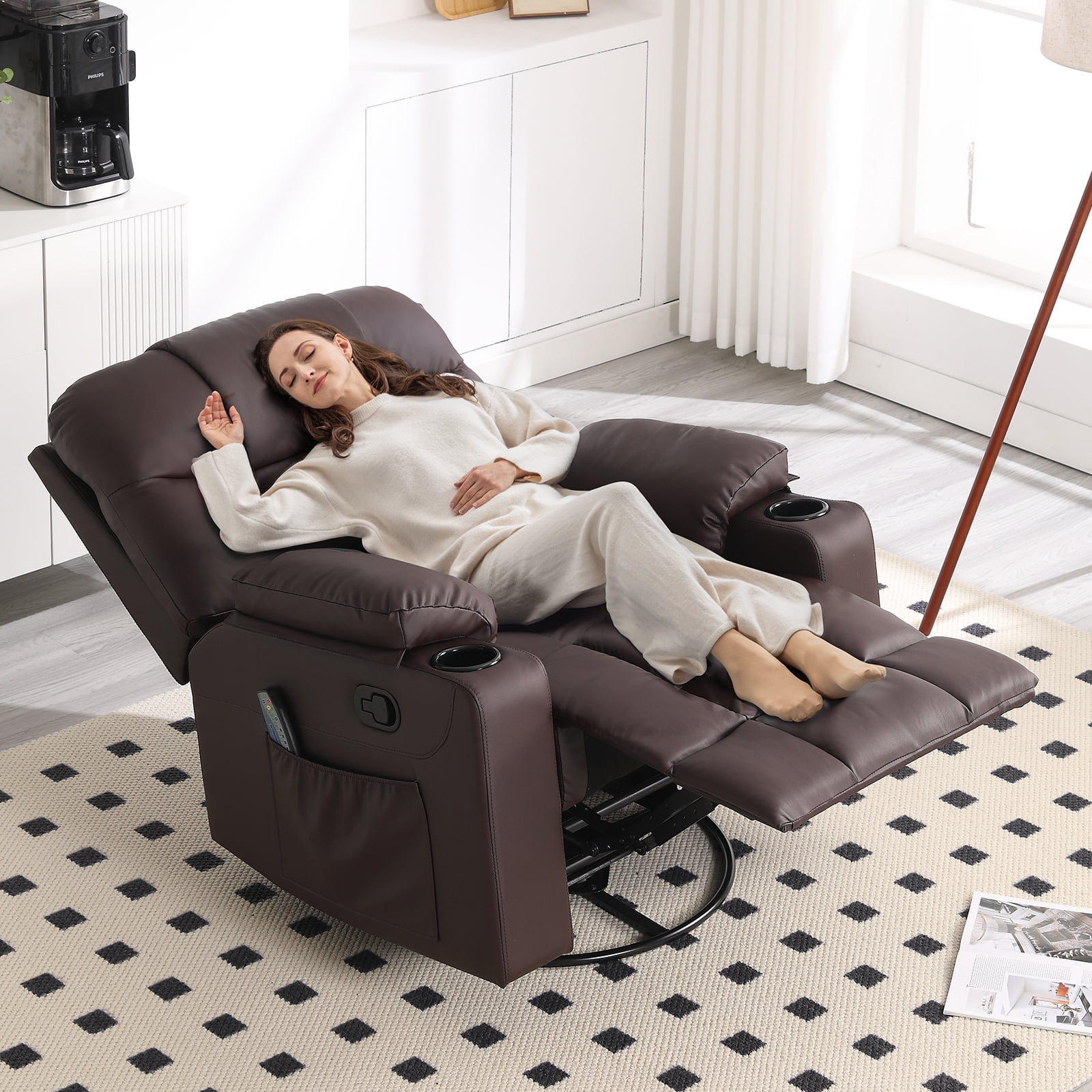 Bonzy Home Rocker Recliner Chair with Swivel Base, Massage & Heat, 2 Cup Holders – Comfortable Recliner for Living Room, Bedroom, Office
