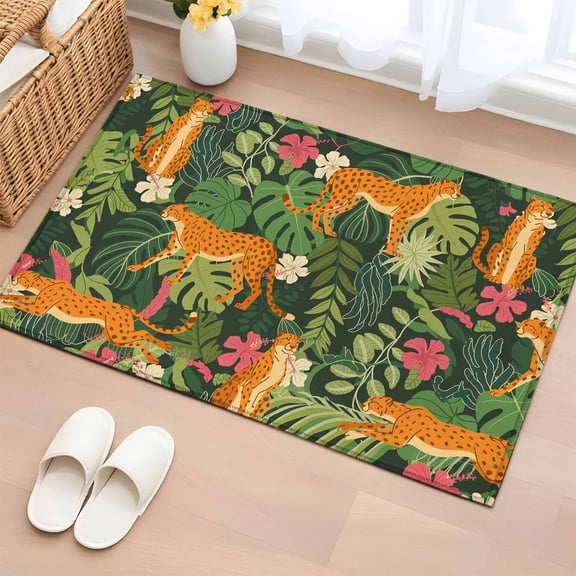 Rectangle Rug 2x3ft Area Rug,Tropical Leopard Green Leaf Area Rugs for Living Room Bedroom,Animal Plant Flower Theme Floor Mat Non-Slip Non-Shedding Carpet Indoor Accent Rugs
