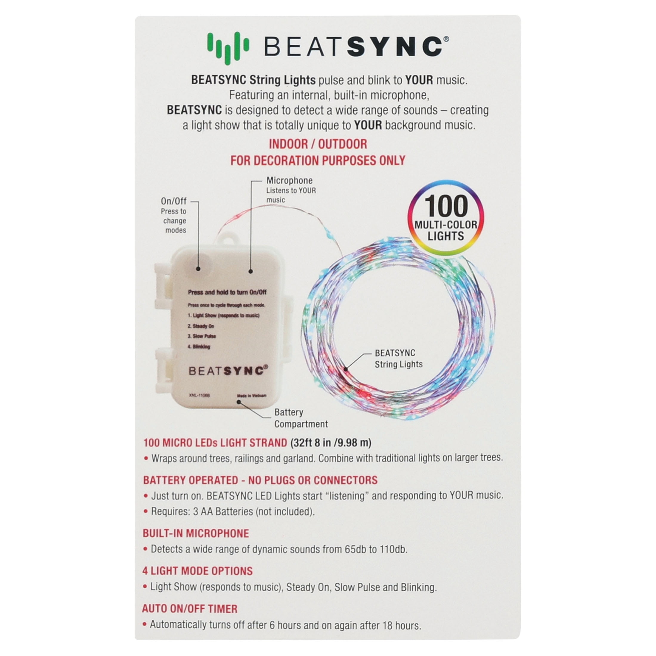 Beatsync Christmas Indoor 100 Counts LED Multi-Color String Lights, Battery Operated