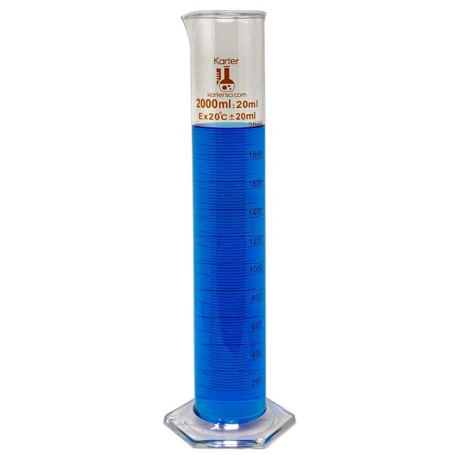 Cilindro graduado de 2000 ml, vidrio de borosilicato 3,3, escala métrica única, Karter Scientific 213I16 (individual)