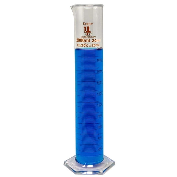 Cilindro graduado de 2000 ml, vidrio de borosilicato 3,3, escala métrica única, Karter Scientific 213I16 (individual)