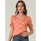 thumbnail image 2 of Allegra K Blusa Cuello V Estampado De Lunares Botón Abajo Camisa De Manga Abullonada Para Mujeres Naranja S, 2 of 6