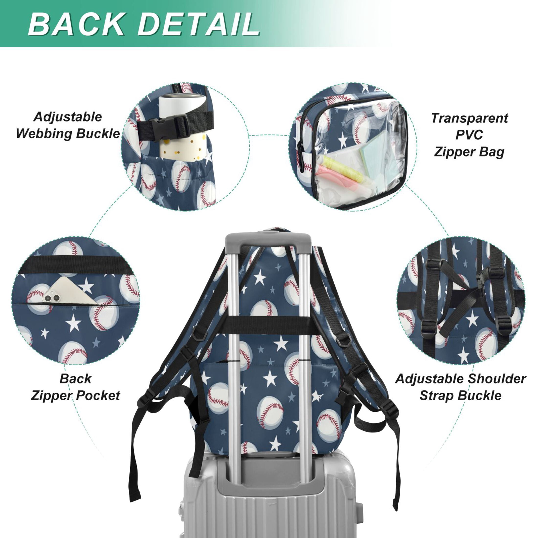PVC Casual Backpack 25L Daypack with Laptop Compartment Lightweight Travel Backpack for Work Outdoor Activities Baseball Stars Pattern