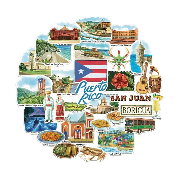 Navy Peony Poetic Puerto Rico Travel Stickers (28pcs) - For Journals, Scrapbooks, Luggage