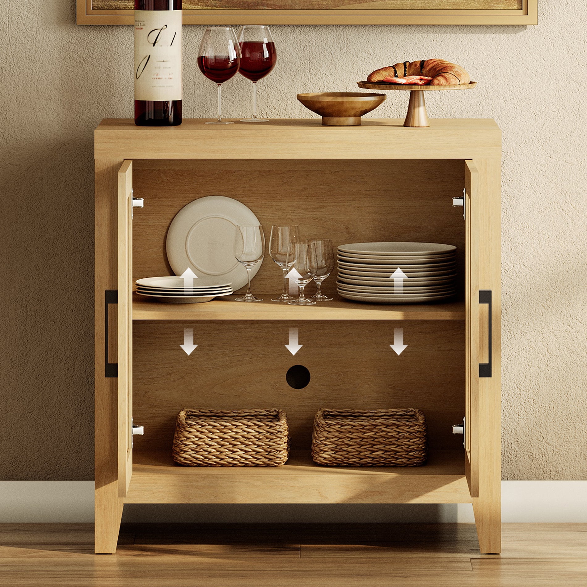 WAMPAT Modern Farmhouse TV Stand up to 100"TV, Entertainment Center with Tempered Glass Doors & Adjustable Shelves, Oak