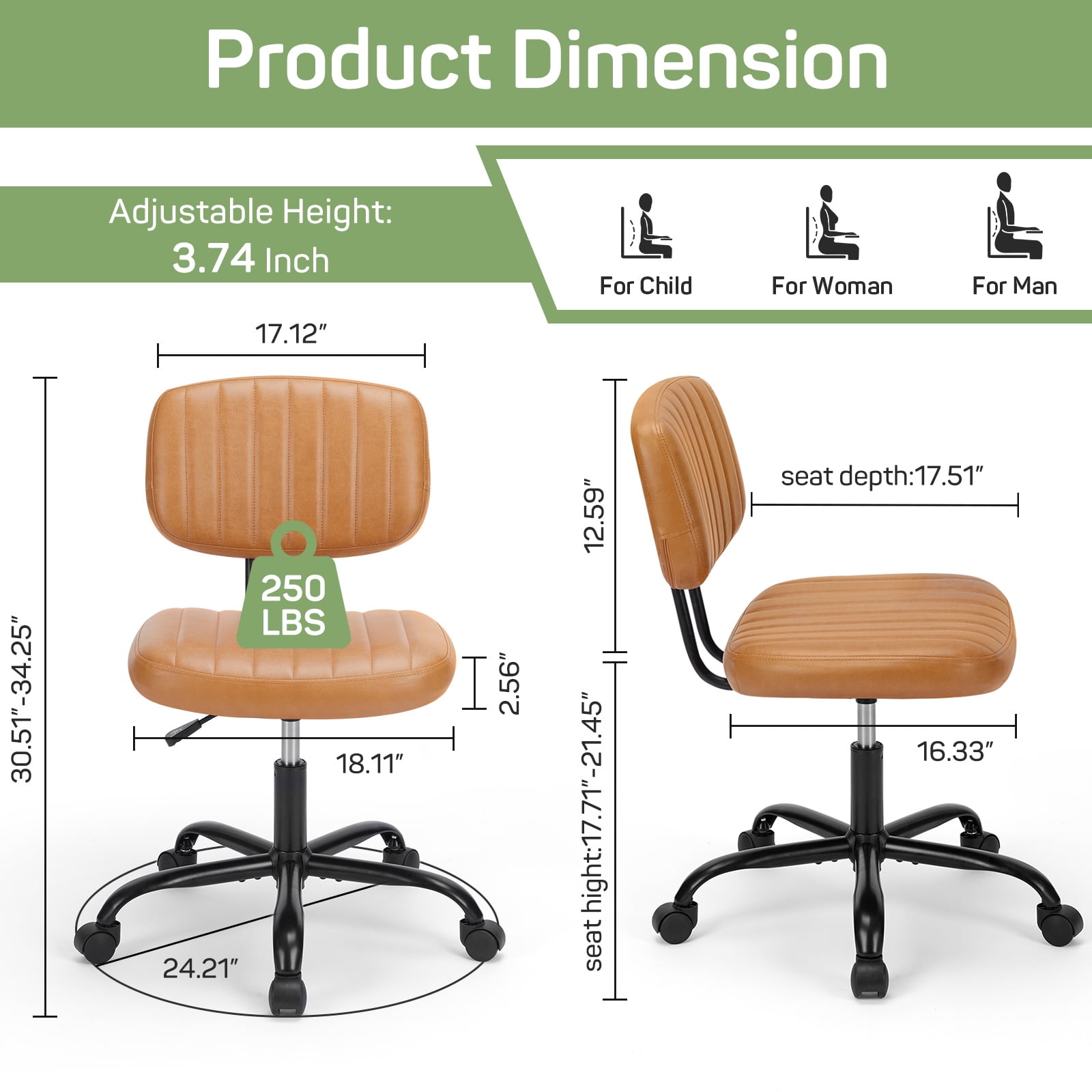 Aidoly Office Desk Chair, Armless Computer Chair with Lumbar Support, PU Leather Low Back Adjustable Height 360° Rolling Swivel Task Chair, Orange