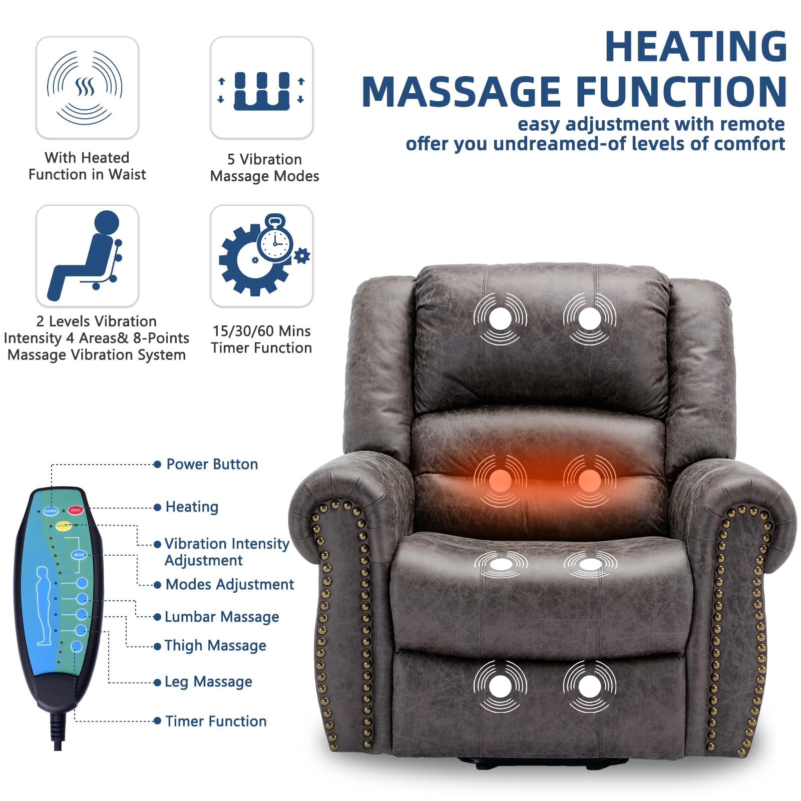 SOCIALCOMFY Power Lift Recliner Chair for Elderly with Massage and Heat, Electric Recliner Chair with Rivet Decoration, 2 Remote Controls, Side Pockets & USB Ports for Home, Office (Smoky Gray)